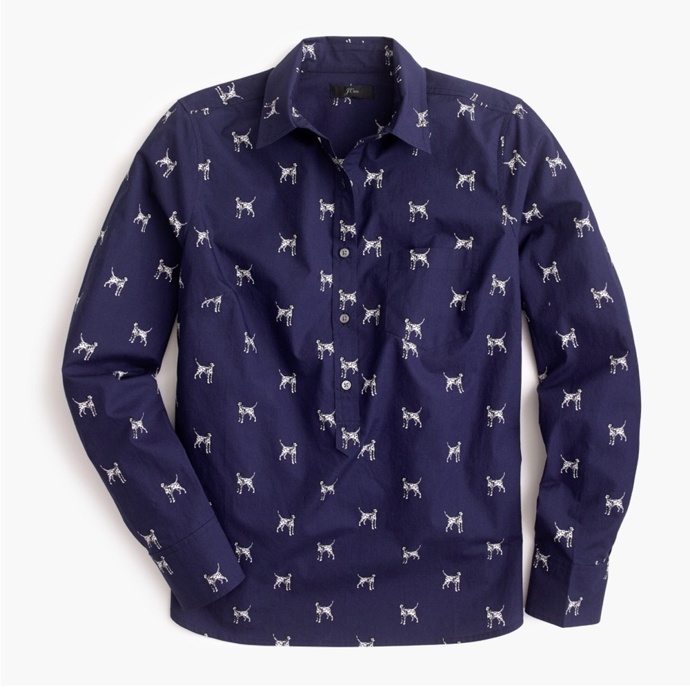 J Crew Classic Popover Shirt 100% Cotton Navy Blue Dalmatians Print